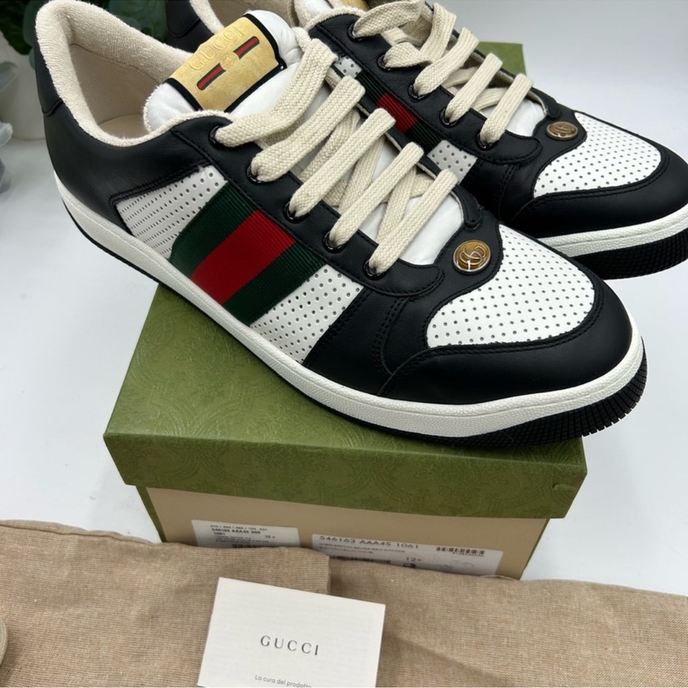 Men’s Gucci, low top screener sneakers, black/white paneled leather design 12.5 - Picture 11 of 12
